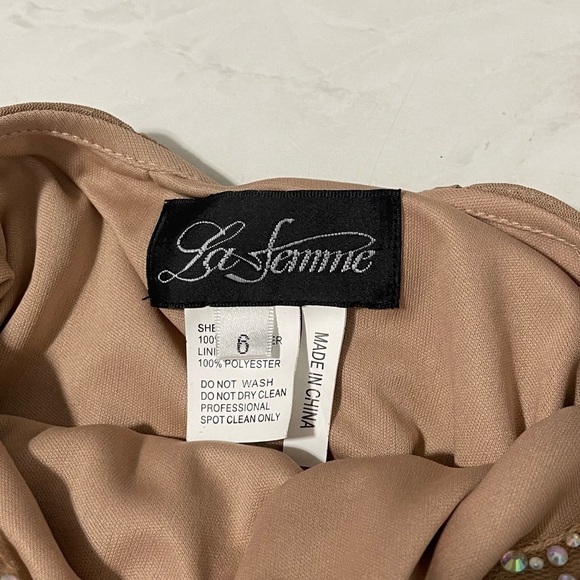 La Femme Size 6 Tan Strapless Mesh Bedazzle Cutout Maxi Dress Formal Party - Picture 6 of 9